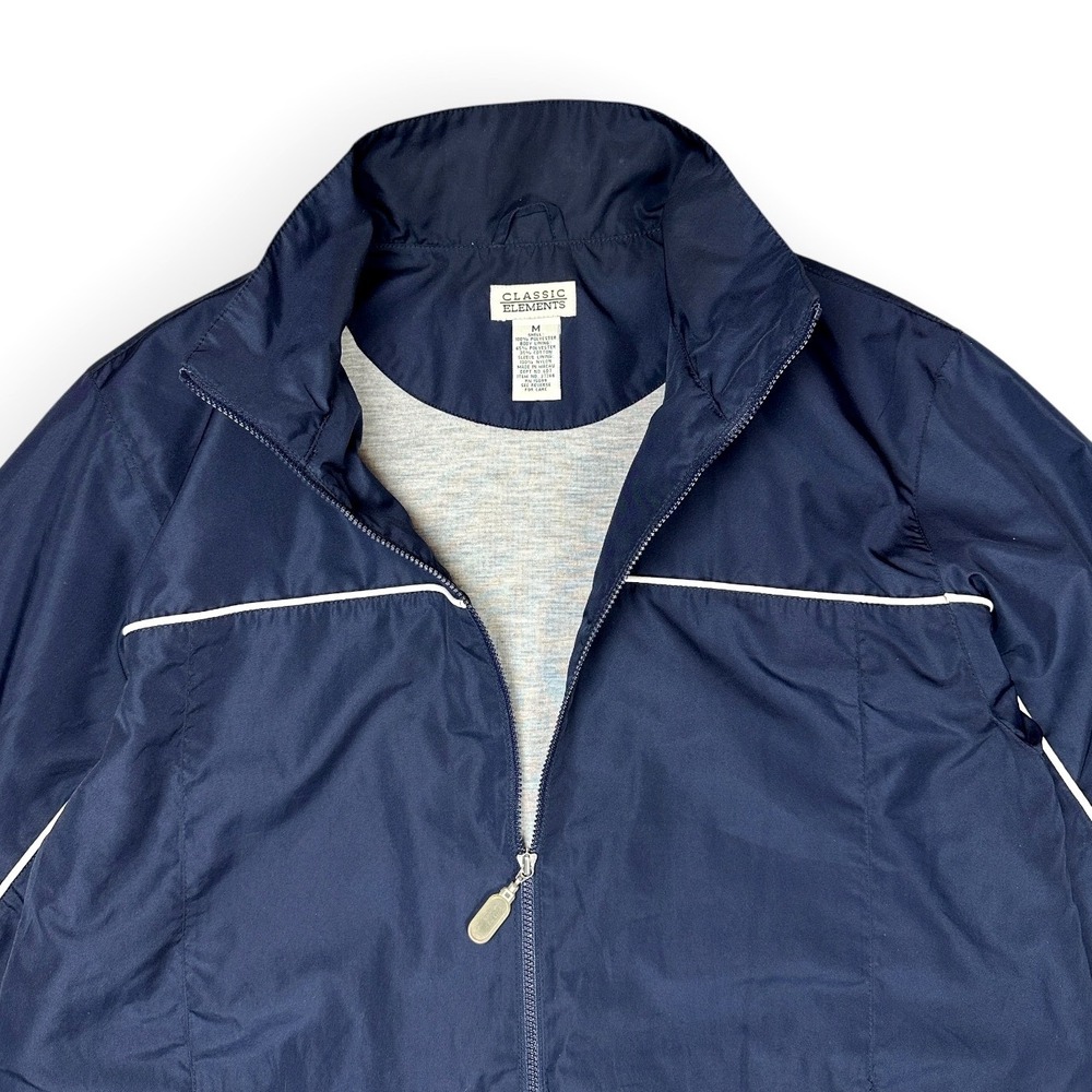 Classic Elements Navy Blue Full Zip Windbreaker Jacket White Piping Mens Medium